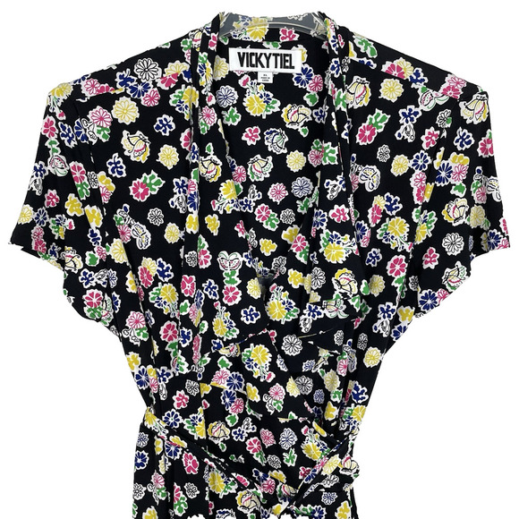 Vicky Tiel Midi Wrap Dress Size XL Black Colorful Floral Stretch Casual Career - Picture 1 of 10